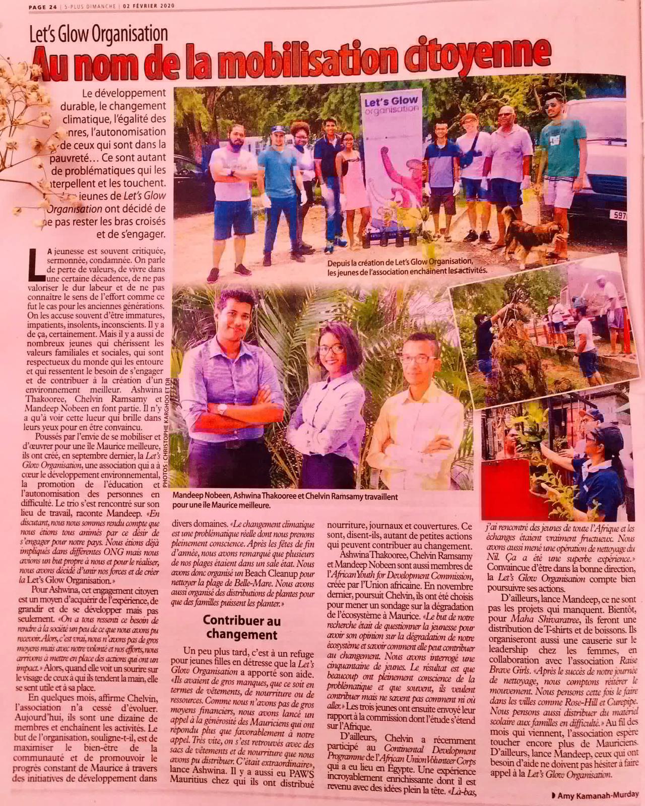 Press feature on Let's Glow Organisation and citizen mobilisation in Mauritius